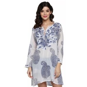 Raj Womens Blue Paisley Embroidered Cotton Gauze Tunic Top Size XL Made in India